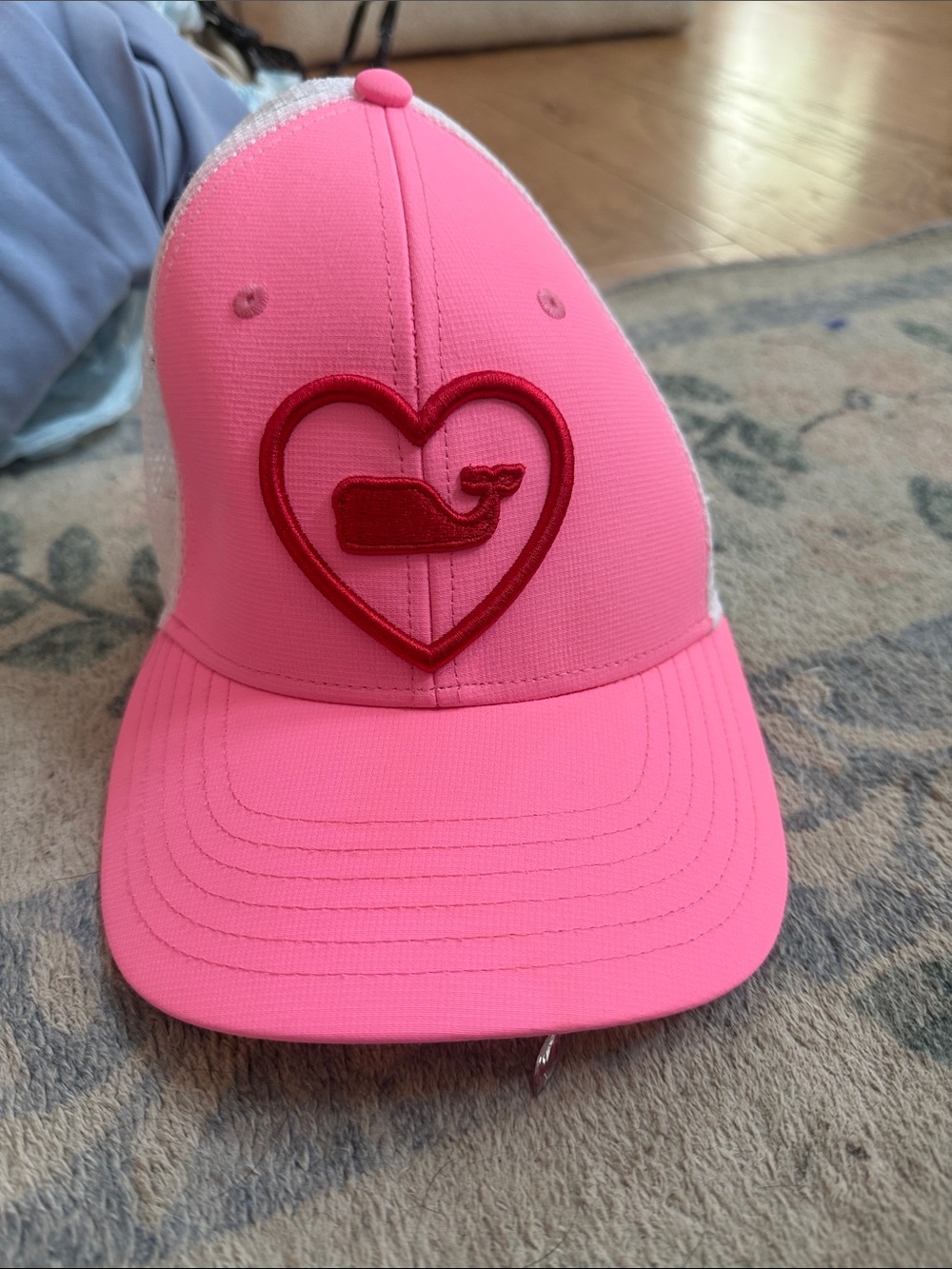 Vineyard Vines Pink Trucker Hat with Red Heart Whale Patch